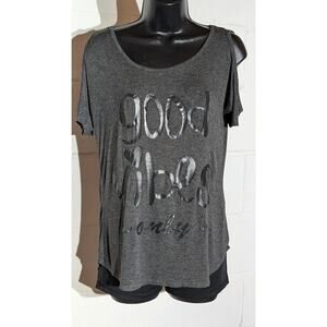 Free Kisses Good Vibes Only Gray Cold Shoulder T-Shirt Casual Everyday Top Small